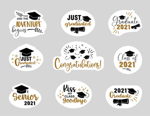 Graduation congratulations at school, university or college . Sticker pack with golden glitter effect