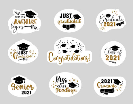 Graduation Congratulations At School, University Or College . Sticker Pack With Golden Glitter Effect