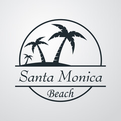 Obraz premium Destino de vacaciones. Logotipo con texto Santa Monica en circulo con palmeras en fondo gris