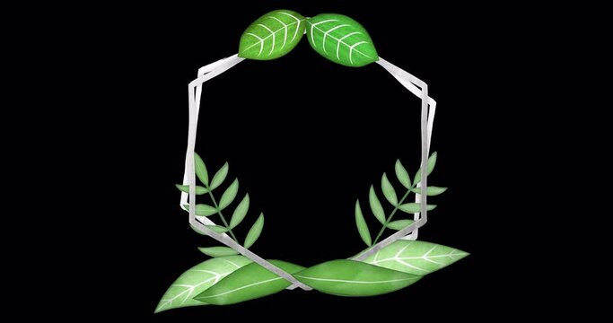 Stylized drawing frame made of animated leaves with silver edging. An endlessly looped vegetable underlay with a blank space for text or information. Floral sign with transparent background.