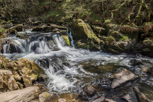 Stunning landscape image of River Fowey near Golitha Falls in Cornwall with long exposure milky water