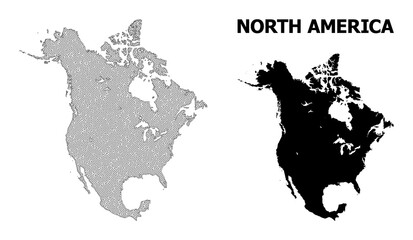 Polygonal mesh map of North America in high detail resolution. Mesh lines, triangles and dots form map of North America.