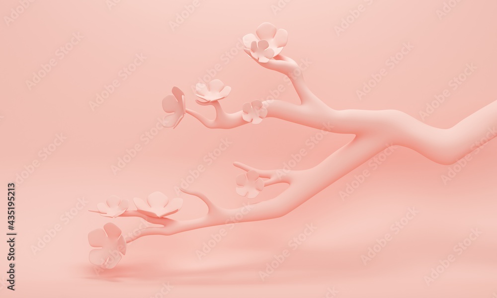 Poster abstract spring background with sakura branch and pink flowers. 3d rendering