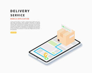 Deliver service application on smartphone. Order delivery online tracking.  Vector isometric illustration.
