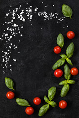 Ingredients - cherry tomatoes, basil and salt, view from above, concept on black background