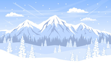 winter landscape background with pine trees forest woodland mountains and snow