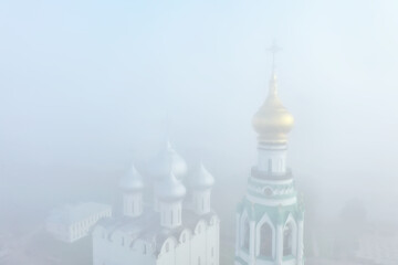 church fog top view, drone in vologda, landscape religion europe