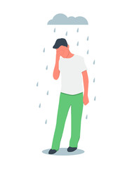 Mental health flat vector isolated. A man standing under a cloud with rain. Concept of sadness and problems. Vector illustration
