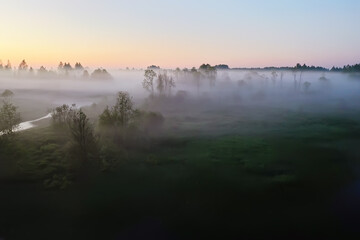 Fototapeta na wymiar evening fog landscape forest river, view morning forest beautiful background