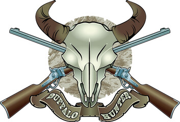 bison skull with crossed rifles and banner with text buffalo hunter © Armi1961