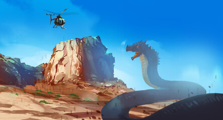 Digital illustration painting design style giant cobra ready to attrack a helicopter, movies scence.