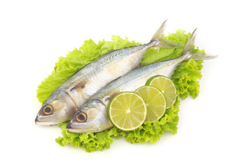 Mackerel fish on salad leaves with sliced lime isolated on white background.	