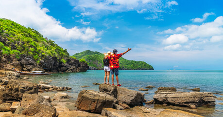 Happy couple traveler on beach joy fun nature scenic panorama view landscape island, Adventure...