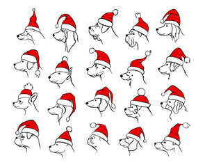 xmas happy new year outlined different  dogs heads profiles faces portraits in black color, wearing colored in red and white christmas santa claus hats - obrazy, fototapety, plakaty