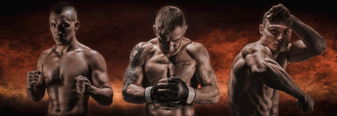 Image of three mixed martial arts fighters in front of a fiery background. Boxing, kickboxing, muay...