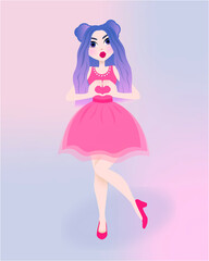 Little puppet girl in a pink dress. Dolly girl with blue hair. Vector illustration