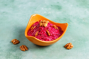 Beetroot salad with wallnuts and mayonnaise,garlic.