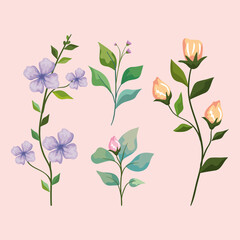 flowers with leaves icon collection