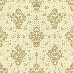 Damask seamless floral pattern in vector. Elegant wallpaper. Beautiful designer ornament with brown polka dots, fresh idea 