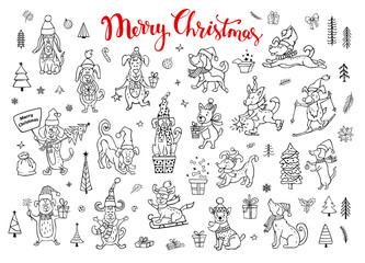 collection of cute funny christmas and happy new year greeting sketch style doodle dogs in black color in winter santa claus hats. pets sledding skiing jumping running having fun enjoying holidays