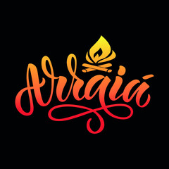 Arraia handwritten text (means Fair in Portuguese Brazilian). Hand Lettering Modern Brush Calligraphy, Bright Colorful Vector Illustration on black background. Invitation for Traditional june festival