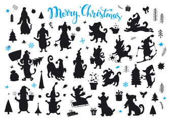 collection of cartoon christmas and happy new year dogs silhouettes