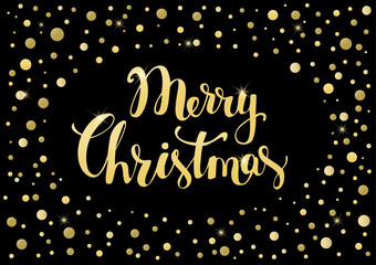 merry christmas handwritten text on black background with golden dotted confetti texture
