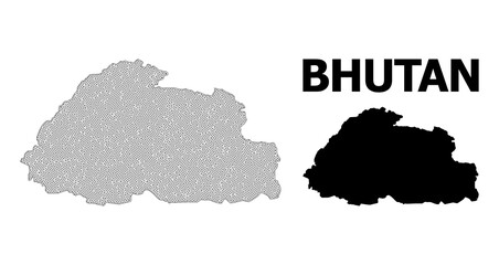Polygonal mesh map of Bhutan in high detail resolution. Mesh lines, triangles and dots form map of Bhutan.