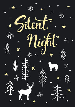 silent night xmas merry christmas background poster with hand lettering , cartoon forest woodland and silhouettes of deer and wolf,