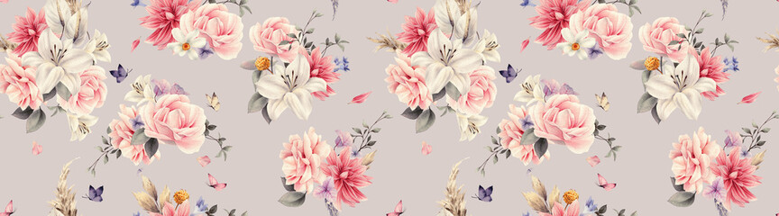 Seamless floral pattern with flowers on summer background, watercolor illustration. Template design for textiles, interior, clothes, wallpaper