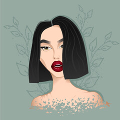 Portrait of a young beautiful woman with red lips and dark hair. Fashion female portrait. Vector illustration