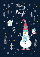 merry and bright christmas greeting card with cute snowman and a bird in a cartoon woodland , snowflakes , starry night texture