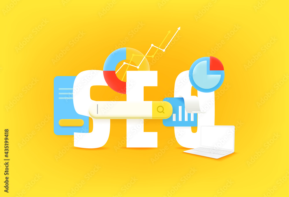 Poster SEO optimization concept. Vector illustration with 3d style elements