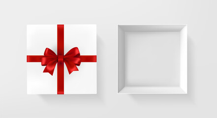 White gift box opened and closed with red satin ribbon and bow. 3D style vector illustration
