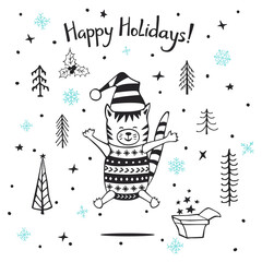 happy holidays winter christmas greeting card with cute xmas cat