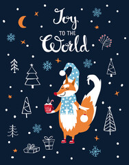 joy to the world merry christmas greeting card with cute fox in winter hat and scarf in the cartoon night forest with hot drink