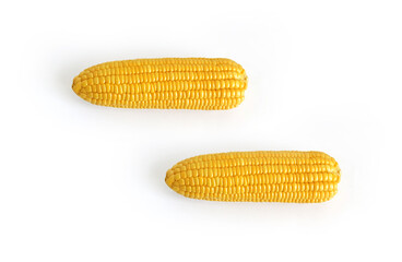 Old yellow corn View from above on white background