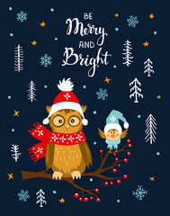 merry and bright winter xmas christmas happy new year greeting card with cute funny owl and bird sitting on a tree branch in the night cartoon forest