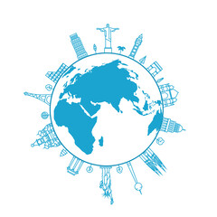 The Earth with world city sights. Linear vector illustration