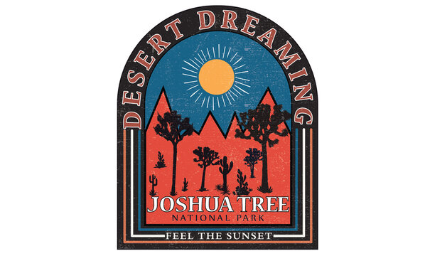 Desert joshua and cactus doodle artwork graphic print design. Joshua tree vector design for apparel. 