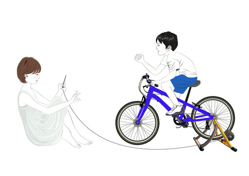 自転車を漕ぐ少年とスマホを見る少女イラスト