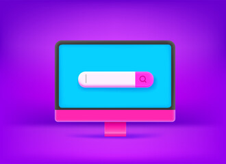 Searching web bar on the screen of modern personal computer. 3d cute style vector illustration with vivid neon colors