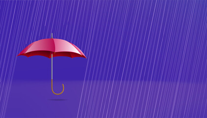 Red umbrella in the rain. Banner with copy space. Safety concept
