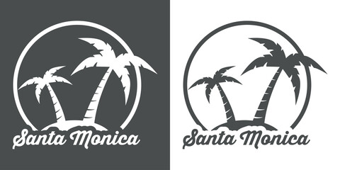 Destino de vacaciones. Logotipo con texto Santa Monica en circulo con palmeras en fondo gris y fondo blanco