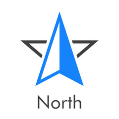 Logotipo con texto North con flecha de brújula con forma de estrella en color azul y gris
