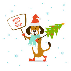 happy new year merry christmas cute cartoon dog with xmas pine tree
