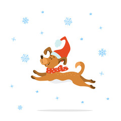 merry christmas happy new year cute funny cartoon dog in xmas hat and scarf running jumping, isolated vector illustration