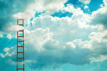 Staircase to the cloudy sky. Growth concept. Success. Achievement of the goal. Copy space. Business. Lifestyle. Abstract background.