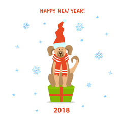 merry christmas happy new year cute funny cartoon dog sitting on a xmas gift box isolated vector illustration