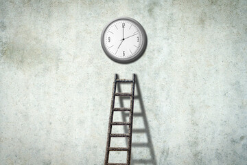 Stairs to the clock, on a concrete wall. Time concept. The importance of time. Business. Lifestyle. Abstract background.